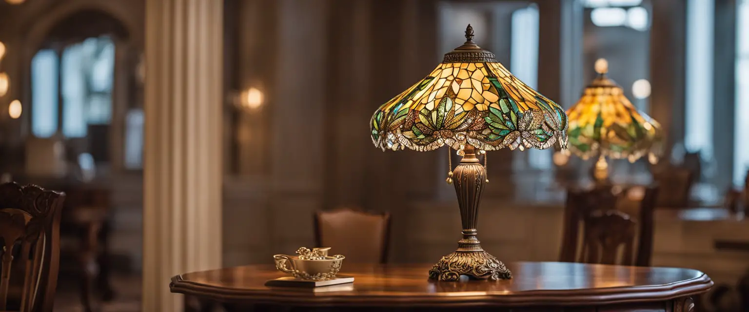 AI image representing a valuable Dale Tiffany Lamp inside a grand home.