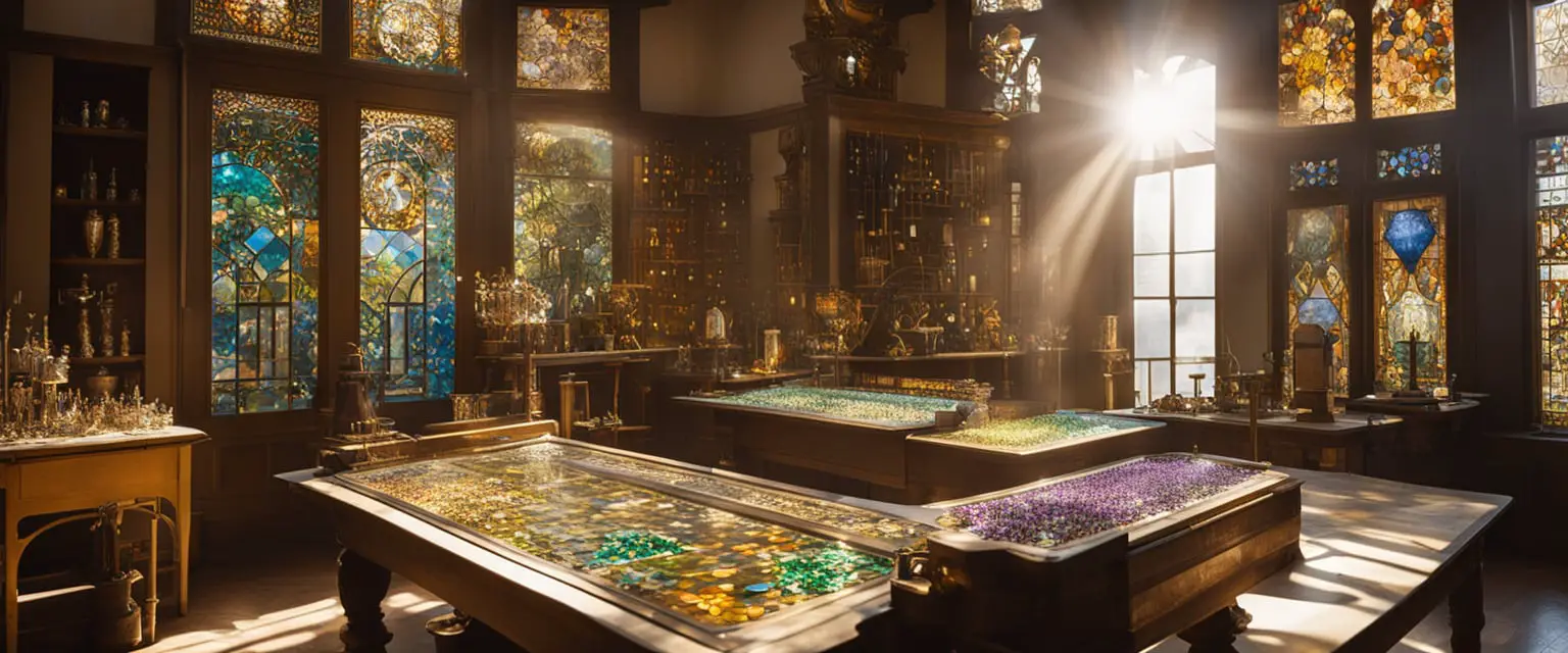 AI Image Depicting a room in a museum containing examples of Louis Comfort Tiffany Glass Artwork